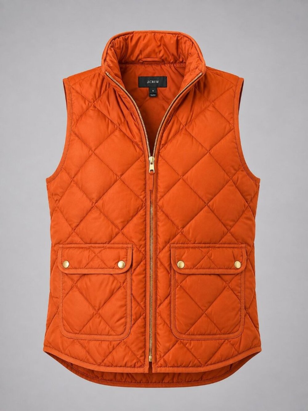 J.Crew Womens Medium Vest Orange Quilted Puffer w Gold Zipper Snaps